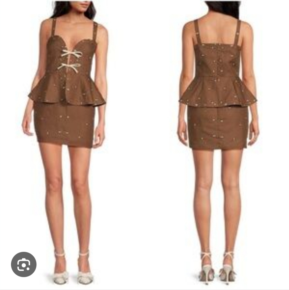 Fanm Mon Brown Linen Floral Embroidered Peplum Mini Dress Large New!